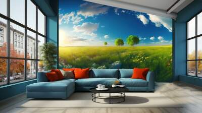 Background of the spring and summer. Gorgeous natural panorama with a grassy field in the front and a sun-filled blue sky in the background. Generative Ai. Wall mural